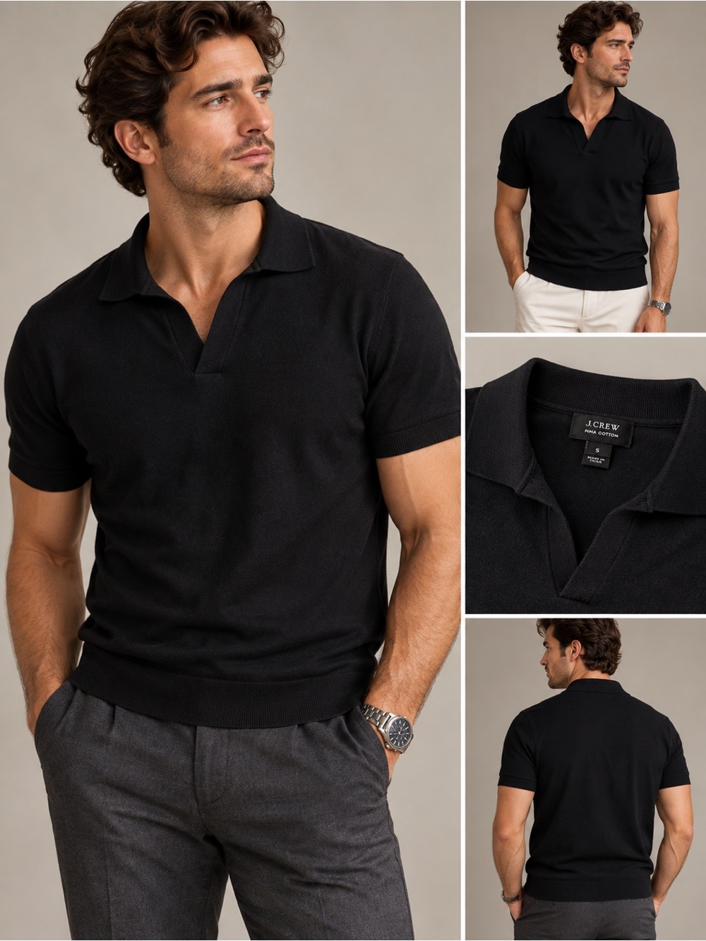 J.Crew Pima Cotton Johnny Collar Sweater Polo Black Short Sleeve Size S